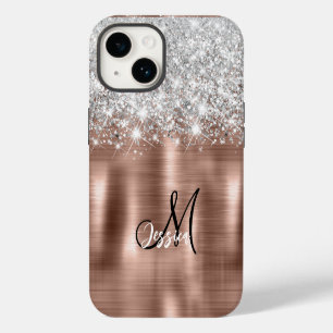 Rose Gold Brushed Metal Silver Glitter Monogram iPhone 14 Case