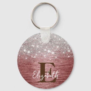 Rose Gold Brushed Metal Silver Glitter Monogram Key Ring