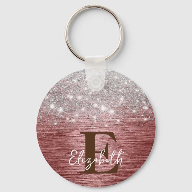 Rose Gold Brushed Metal Silver Glitter Monogram Key Ring (Front)