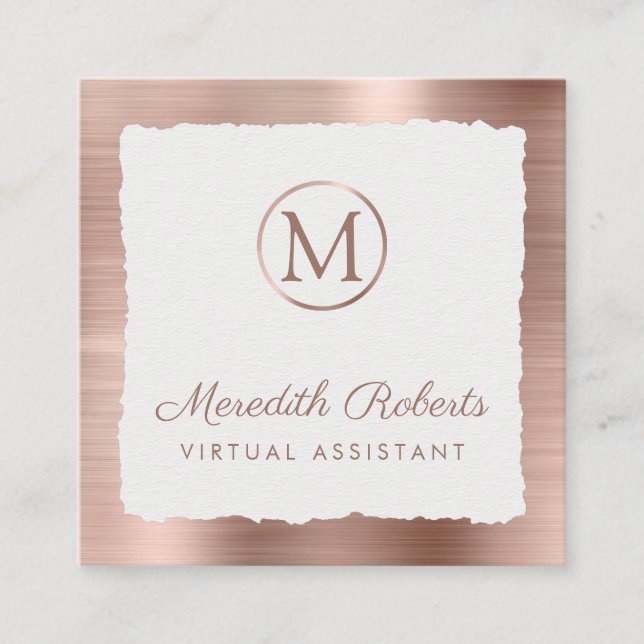 Rose Gold Brushed Metal White Frame Monogram Square Business Card (Front)