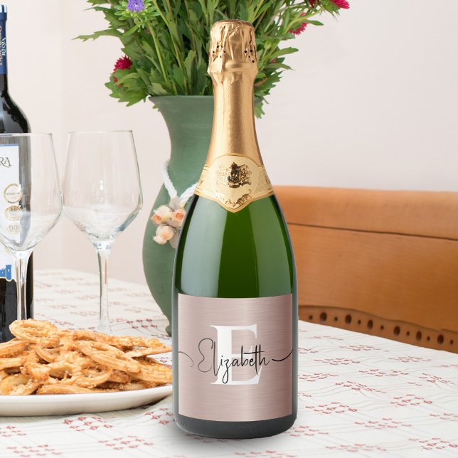 Rose Gold Brushed Metallic Girly Script Monogram Sparkling Wine Label (Creator Uploaded)