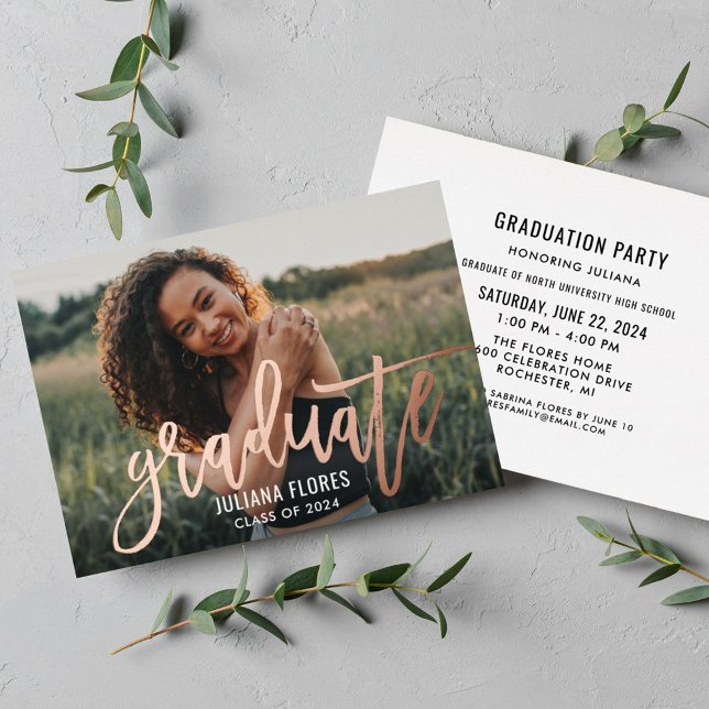 Rose Gold Brushed Script Photo Graduation Party (Creator Uploaded)