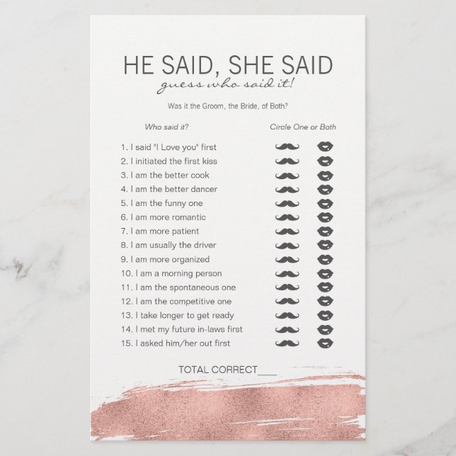 Rose Gold Brushstroke Bridal He Said She Said Game (Front)