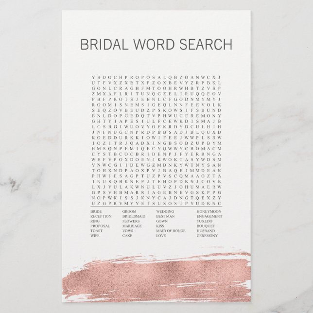 Rose Gold Brushstroke Bridal Word Search Game (Front)