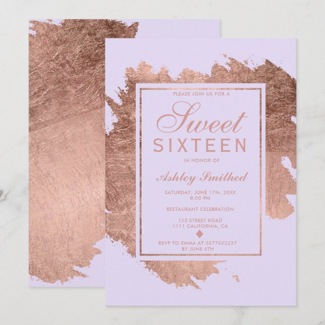 Rose Gold brushstrokes lavender Sweet 16 Invitation (Front/Back)