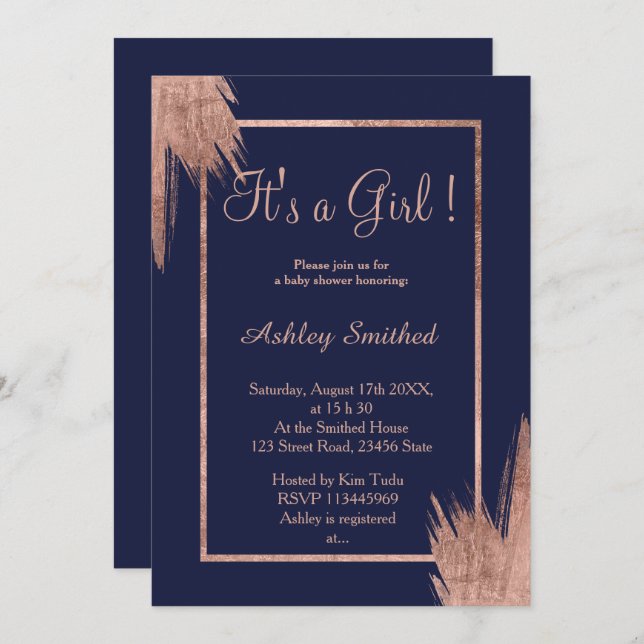 Rose gold brushstrokes navy blue girl baby shower invitation (Front/Back)