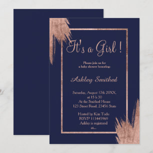 Rose gold brushstrokes navy blue girl baby shower invitation