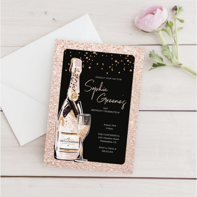 Rose Gold Bubbly Champagne Birthday Party Invitation (Creator Uploaded)
