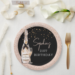 Rose Gold Bubbly Champagne Birthday Party Paper Plate