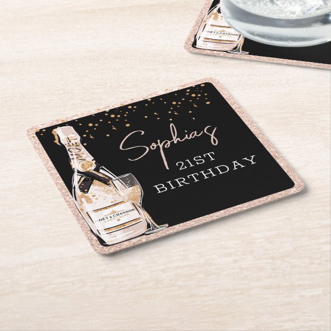 Rose Gold Bubbly Champagne Birthday Party Square Paper Coaster (Angled)