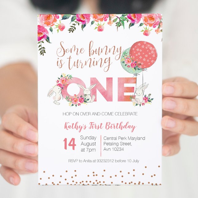 Rose Gold Bunny 1st Birthday Floral Invitation (Creator Uploaded)