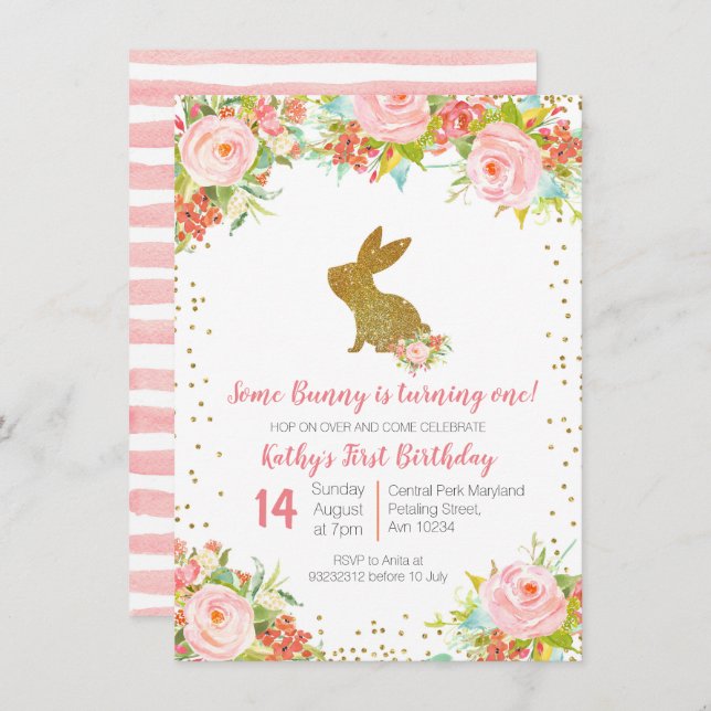 Rose Gold Bunny 1st Birthday Floral Invitation (Front/Back)