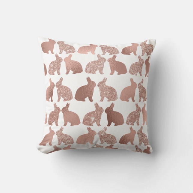 Rose gold Bunny Easter Spring Rabbit Glitter Foil Cushion (Front)