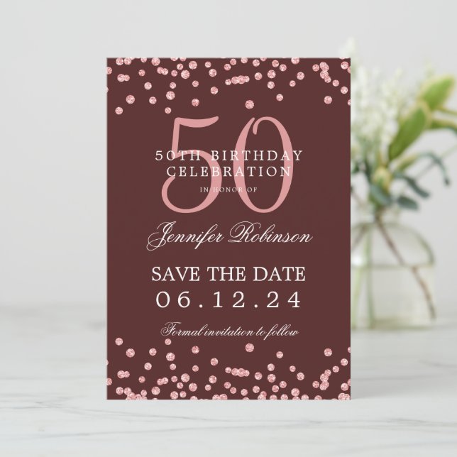 Rose Gold Burgundy 50th Birthday Save Date Details Invitation (Standing Front)