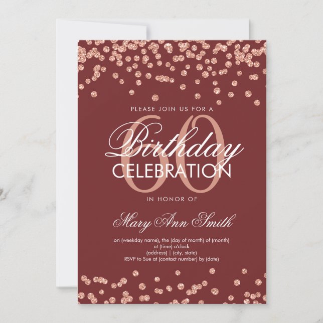 Rose Gold Burgundy 60th Birthday Glitter Confetti Invitation (Front)