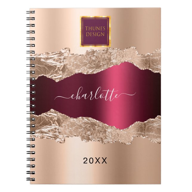 Rose gold burgundy agate marble business logo notebook (Front)