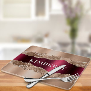 Rose gold burgundy agate marble name cutting board