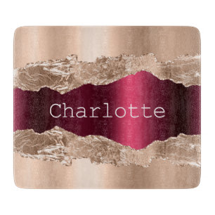 Rose gold burgundy agate marble name elegant cutting board
