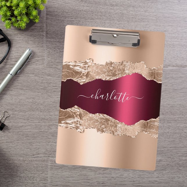 Rose gold burgundy agate marble name glamourous clipboard (Creator Uploaded)