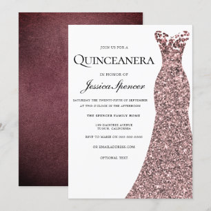 Rose Gold Burgundy Dress Quinceanera Invite