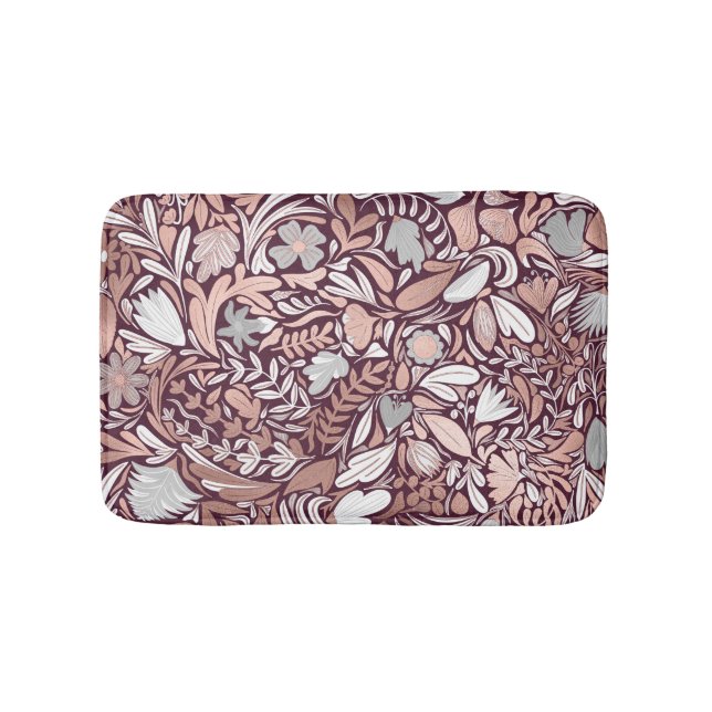 Rose Gold Burgundy Floral Illustration Pattern Bath Mat (Front)