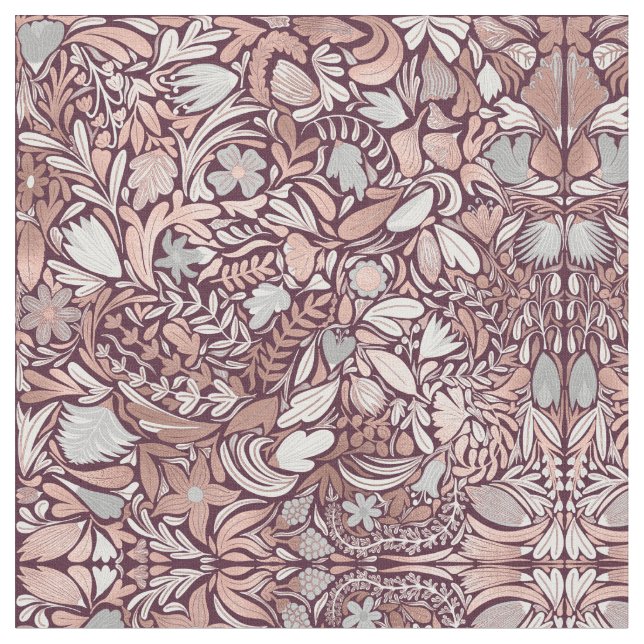 Rose Gold Burgundy Floral Illustration Pattern Fabric (Close Up)