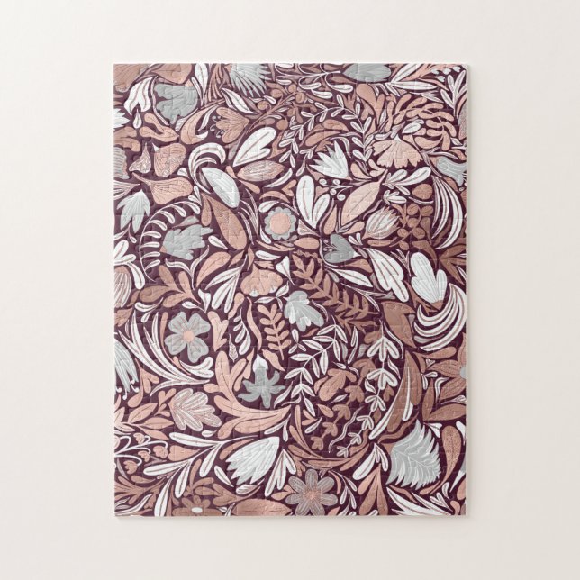 Rose Gold Burgundy Floral Illustration Pattern Jigsaw Puzzle (Vertical)