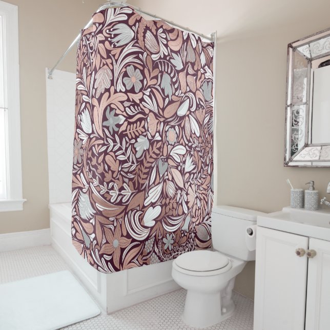 Rose Gold Burgundy Floral Illustration Pattern Shower Curtain (In Situ)