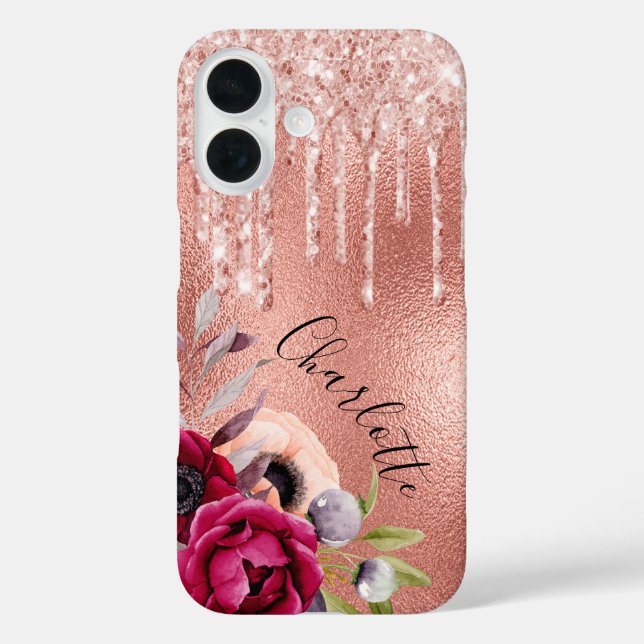 Rose gold burgundy florals pink drips Case-Mate iPhone case (Back)