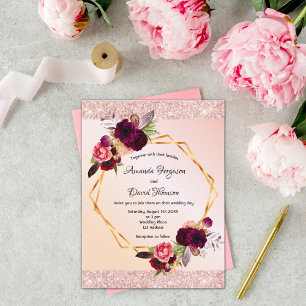 Rose gold burgundy florals wedding invitation postcard