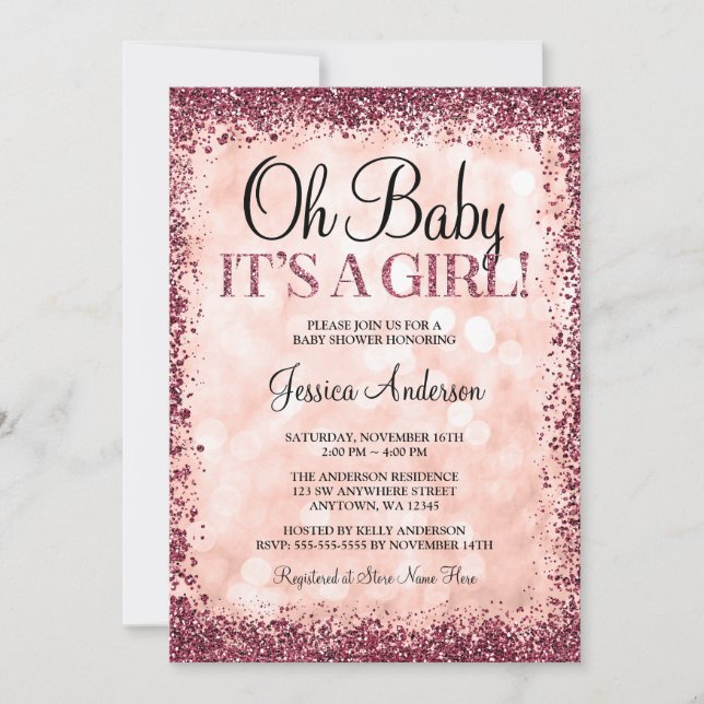Rose Gold Burgundy Glitter Lights Girl Baby Shower Invitation (Front)