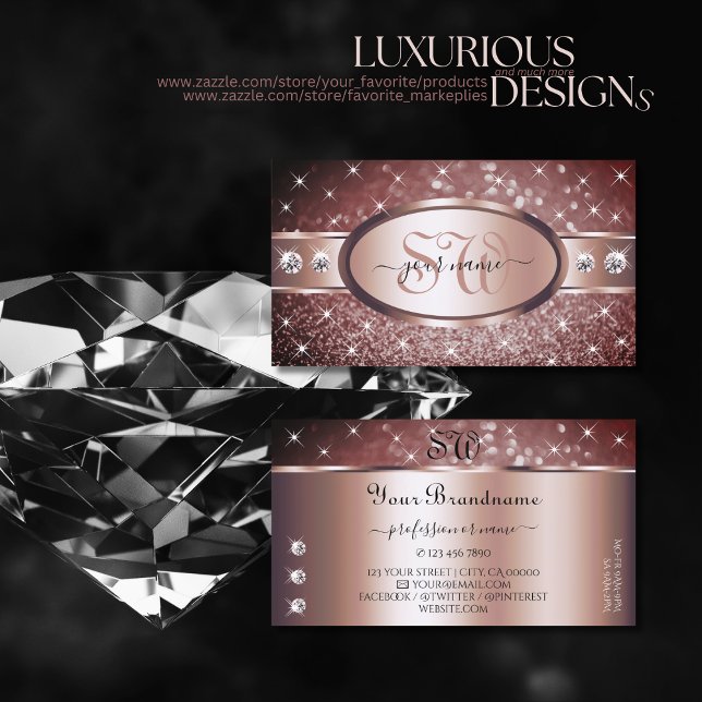 Rose Gold Burgundy Glitter Sparkle Jewels Monogram Business Card (Creator Uploaded)