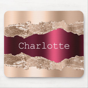Rose gold burgundy metal agate marble name mouse pad