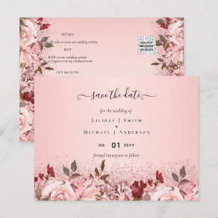 Rose Gold Burgundy Pink Floral Wedding Postcard
