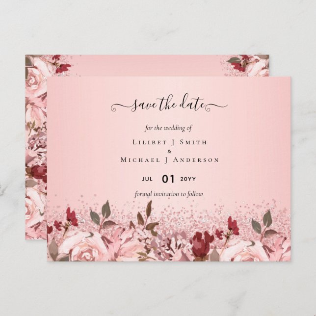 Rose Gold Burgundy Pink Floral Wedding Postcard (Front/Back)