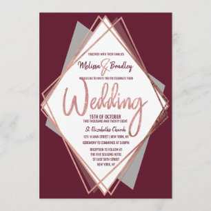 Rose Gold Burgundy Red Grey Geometric Wedding Invitation