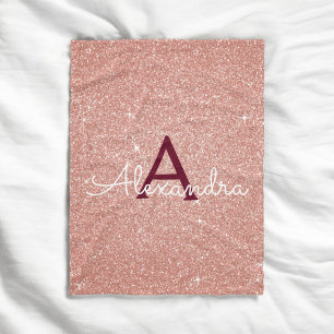 Rose Gold Burgundy Sparkle Glitter Monogram Name Fleece Blanket