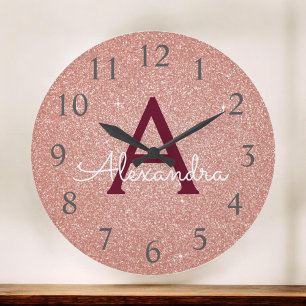 Rose Gold Burgundy Sparkle Glitter Monogram Name Large Clock