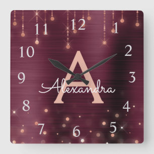 Rose Gold Burgundy Sparkle Monogram Name & Initial Square Wall Clock