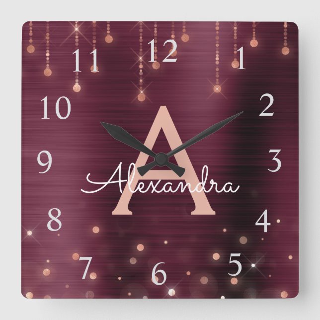 Rose Gold Burgundy Sparkle Monogram Name & Initial Square Wall Clock (Front)