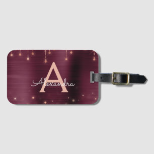 Rose Gold Burgundy Sparkle Monogram Name Luggage Tag