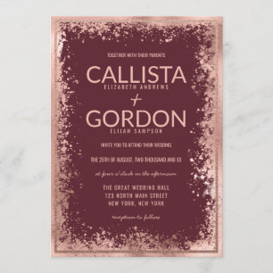 Rose Gold Burgundy Splatter Glitter Border Wedding Invitation