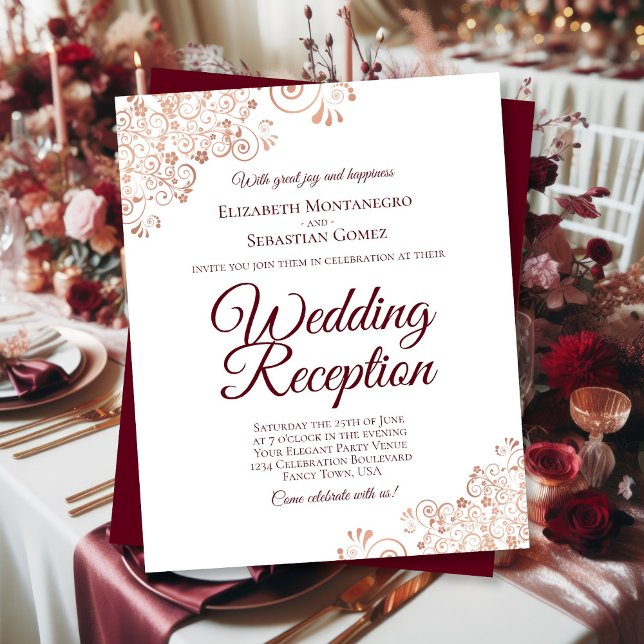 Rose Gold Burgundy Wedding Reception BUDGET Invite (Front - Burgundy text with rose gold accents, Back - solid burgundy)