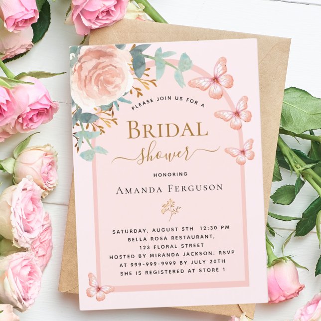 Rose gold butterflies floral arch Bridal Shower Invitation (Creator Uploaded)