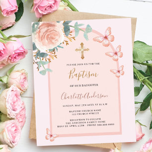 Rose gold butterflies floral arch budget baptism