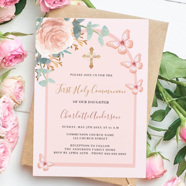 Rose gold butterflies floral arch First Communion Invitation (Creator Uploaded)