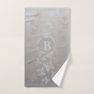 Rose Gold Butterflies Grey Pattern Monogram Hand Towel