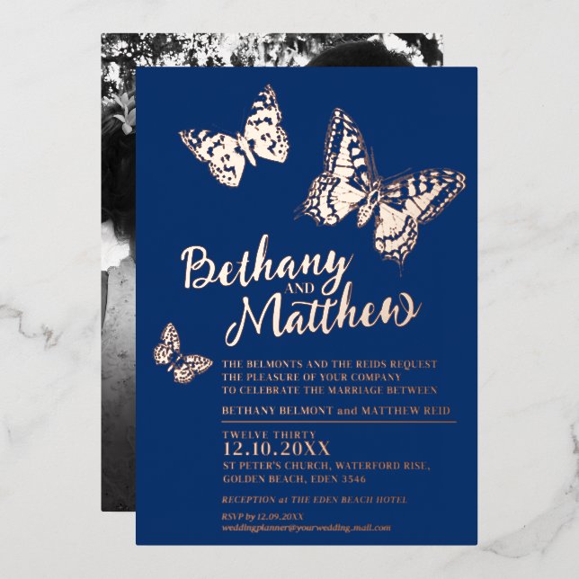 Rose gold butterflies on dark blue wedding (Front/Back)