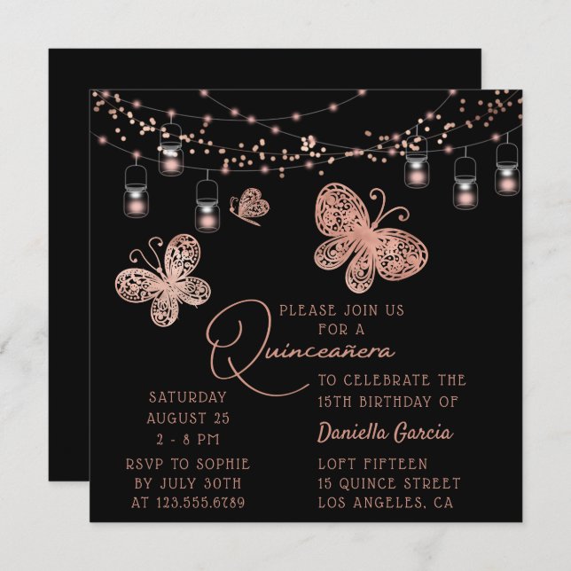 Rose Gold Butterfly Chic Modern Quinceañera Invitation (Front/Back)