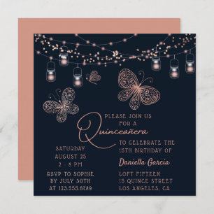 Rose Gold Butterfly Chic Modern Quinceañera Invitation